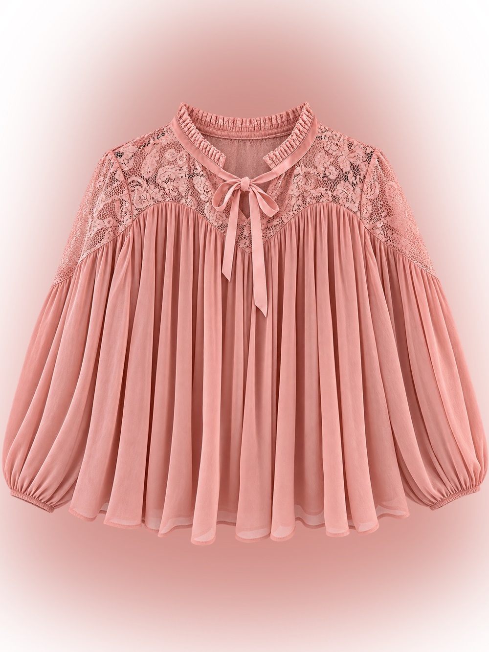 French Connection Lace Yoke Tie-Neck Blouse in Dusty Rose